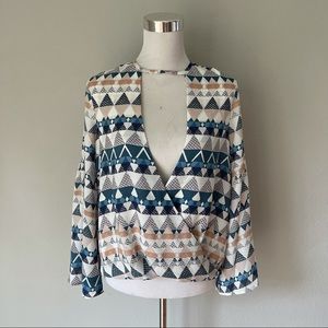 Olivaceous Geometric Print Long Sleeve Blouse Size S